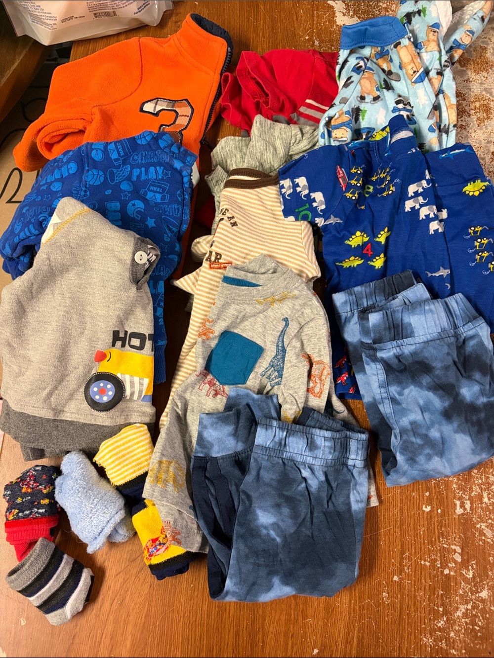 Mixed 6-9 mth Pajama and Playwear Bundle - Blue, Gray, Orange